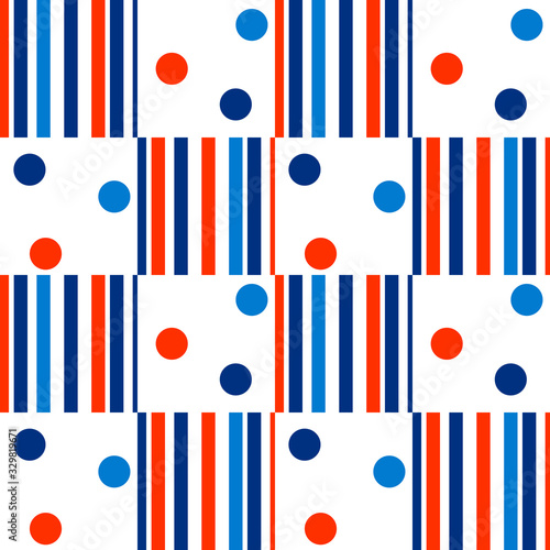 Checkered pattern and Polka dot. Vertical stripes of different widths. Blue, light blue, orange colors. Seamless geometric pattern. For fabric, wrapping paper, Wallpaper, and other surfaces . Vector 
