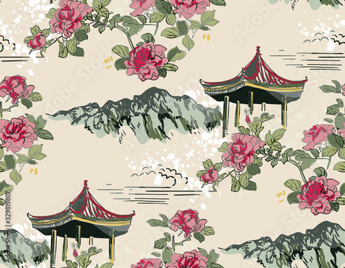 mountain flower blossom arbor nature landscape view vector japanese chinese oriental line art ink seamless pattern