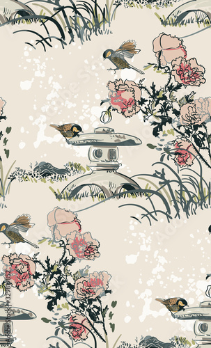 toro light flower nature landscape view vector japanese chinese oriental line art ink seamless pattern