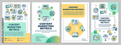 Content marketing metrics brochure template. SMM efficiency analysis. Flyer, booklet, leaflet print, cover design with linear icons. Vector layouts for magazines, annual reports, advertising posters
