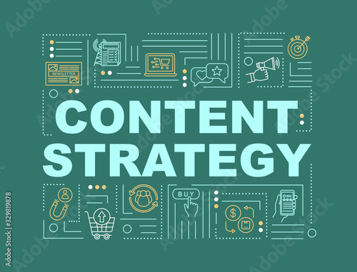 Content strategy planning word concepts banner. SMM models in digital marketing. Infographics with linear icons on green background. Isolated typography. Vector outline RGB color illustration
