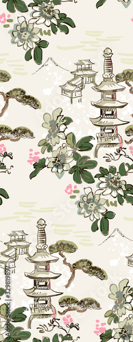 toro flower temple mountain nature landscape view vector sketch illustration japanese chinese oriental line art ink seamless pattern