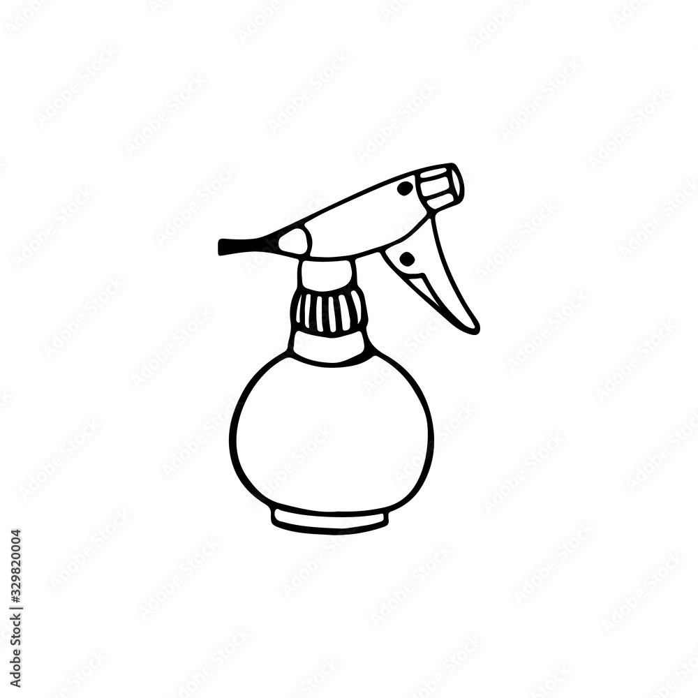 Black and white image of a sprayer. Vector illustration. Hand-drawn doodle for design, web, icons, children's illustrations. Black and white image of a sprayer. Vector illustration. Hand-drawn doodle for design, web, icons, children's illustrations.