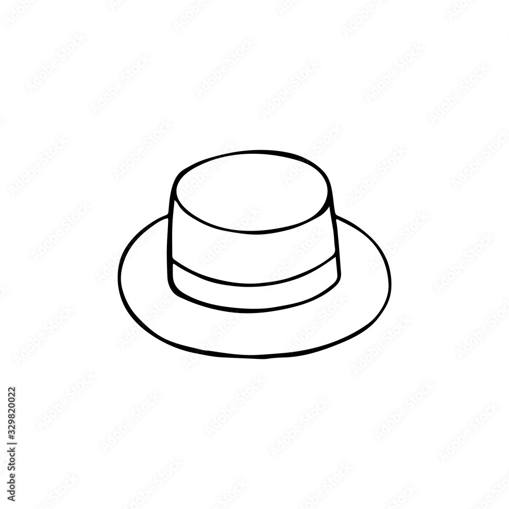 Black and white image of a straw hat. Vector illustration. Hand-drawn doodle for design, web, icons, children's illustrations. Black and white image of a straw hat. Vector illustration. Hand-drawn doodle for design, web, icons, children's illustrations.