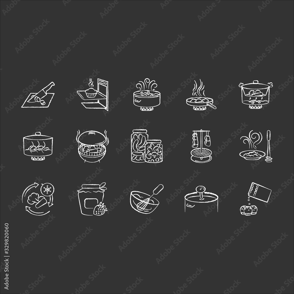 Cooking process chalk white icons set on black background. Different food preparation methods, various culinary techniques. Ingredients and kitchen utensils isolated vector chalkboard illustrations