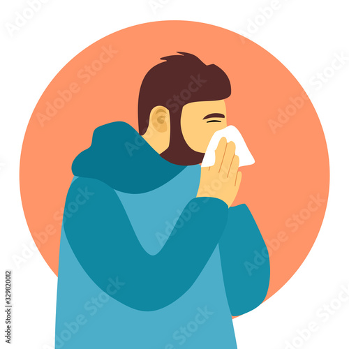 A man cover his sneeze with handkerchief vector illustration on white background. Sneezing man in side view. Sick man sneeze in flat design. Season allergy.