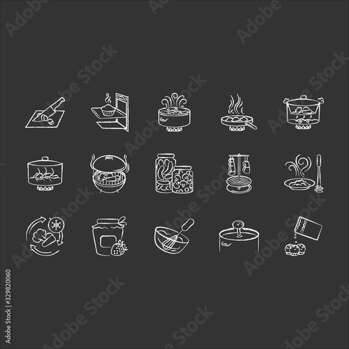 Cooking process chalk white icons set on black background. Different food preparation methods, various culinary techniques. Ingredients and kitchen utensils isolated vector chalkboard illustrations
