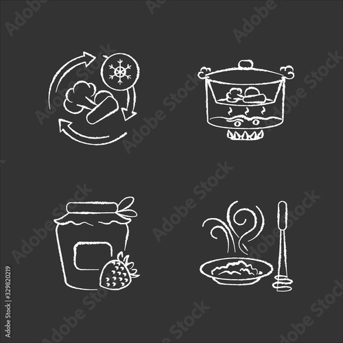 Culinary methods chalk white icons set on black background. Products preparation and conservation techniques. Food freezing, canning, steaming and puree isolated vector chalkboard illustrations