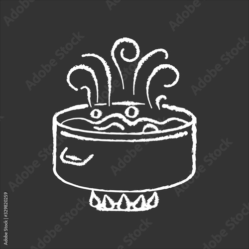 Boiling chalk white icon on black background. Food preparation method, culinary technique, simmering, poaching. Cooking pot, pan with water on oven fire isolated vector chalkboard illustration