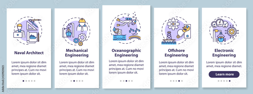 Marine engineering types onboarding mobile app page screen with concepts. Naval architect. Offshore work walkthrough 5 steps graphic instructions. UI vector template with RGB color illustrations