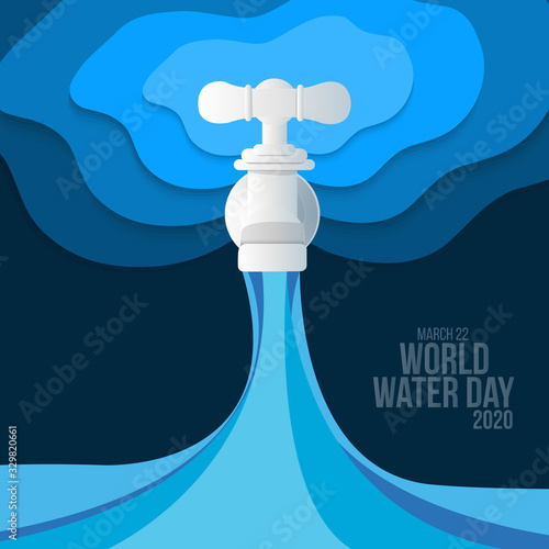 Water world day with faucet or water tap with flowing water and world water text vector design