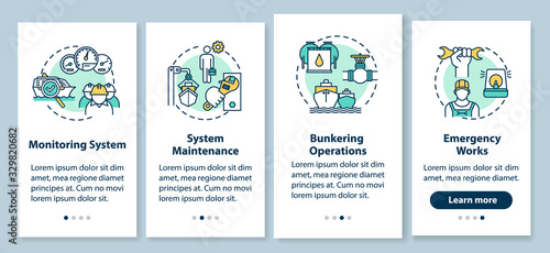 Marine engineering onboarding mobile app page screen with concepts. Water vessel maintenance walkthrough 5 steps graphic instructions. UI vector template with RGB color illustrations