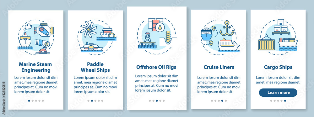Marine engineering onboarding mobile app page screen with concepts. Offshore oil rig. Water vessel types walkthrough 5 steps graphic instructions. UI vector template with RGB color illustrations