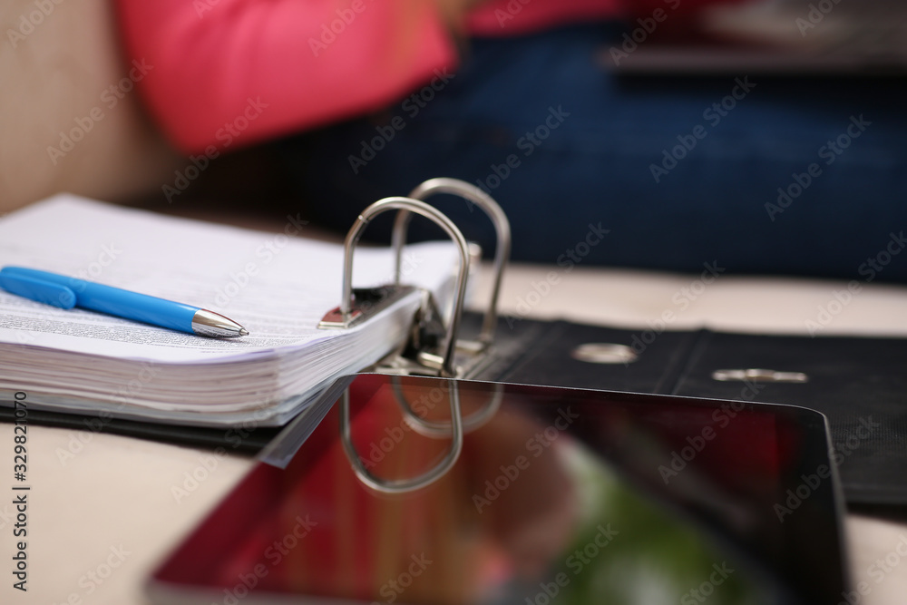 binder with documents lie on sofa young woman work business concept binder with documents lie on sofa young woman work business concept