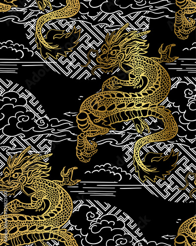 dragon card kimono japanese chinese vector design vector japanese chinese oriental line art seamless pattern