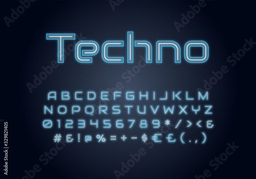 Techno neon light font template. Techno illuminated vector alphabet set. Bright capital letters, numbers and symbols with outer glowing effect. Nightlife typography. Contemporary typeface design