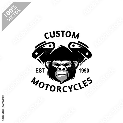 Gorilla head auto repair and custom Garage Vintage style logo. Design element for company logo, label, emblem, sign, apparel or other merchandise. Scalable and editable Vector illustration.