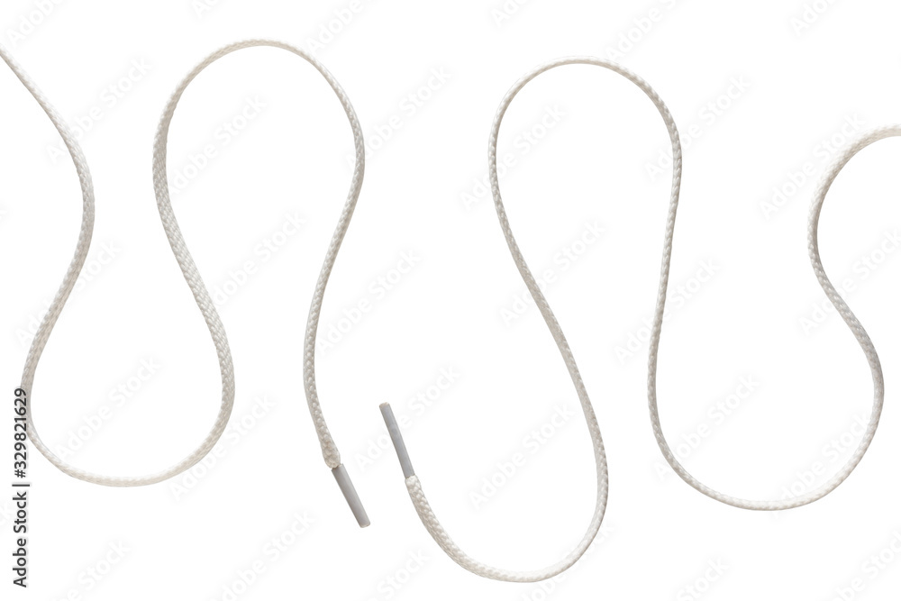 two long curved white shoe laces isolated on white background - obrazy, fototapety, plakaty 