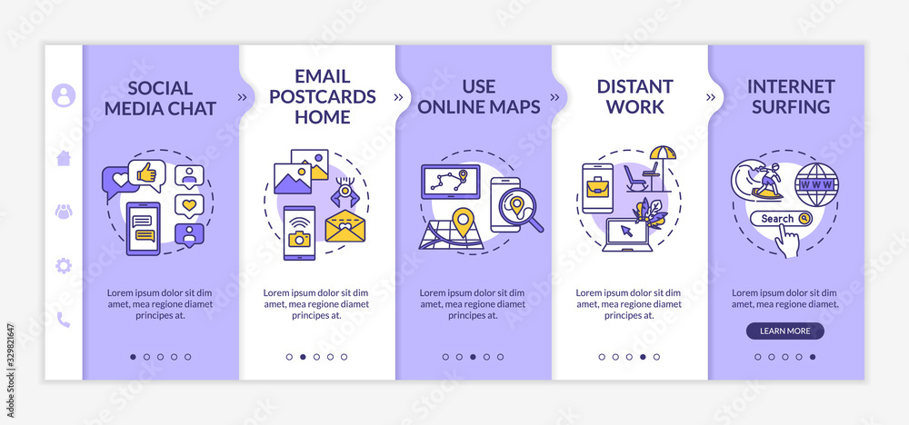 Internet chat, telecommunication onboarding vector template. Online maps use and distant work. Responsive mobile website with icons. Webpage walkthrough step screens. RGB color concept Internet chat, telecommunication onboarding vector template. Online maps use and distant work. Responsive mobile website with icons. Webpage walkthrough step screens. RGB color concept