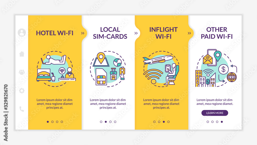 Free Internet and paid WI-fi onboarding vector template. Local SIM card, hotel and inflight connection. Responsive mobile website with icons. Webpage walkthrough step screens. RGB color concept