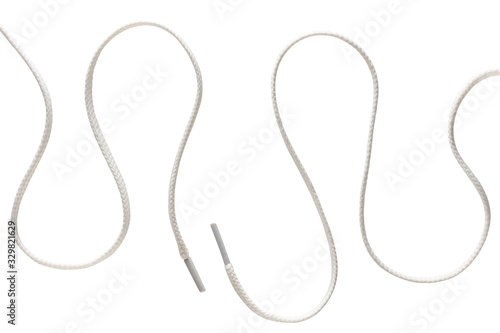 two long curved white shoe laces isolated on white background