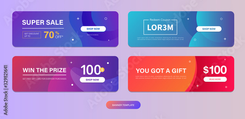 Dynamic modern fluid mobile for Voucher Sale template. Get Coupon Discount Sale banner template design. Free gift card set. Fancy colors and cool illustration shapes.