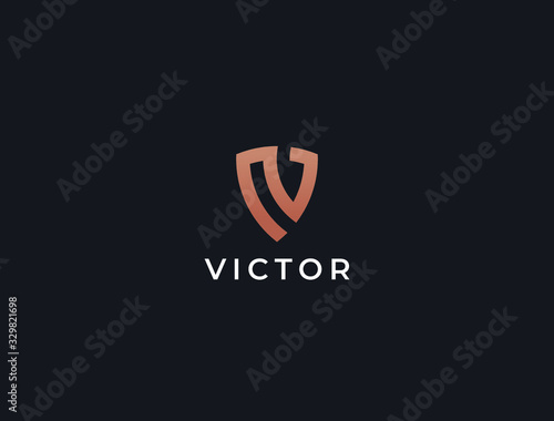 Premium letter V shield logo design. Luxury abstract victory logotype. Creative elegant vector monogram symbol.