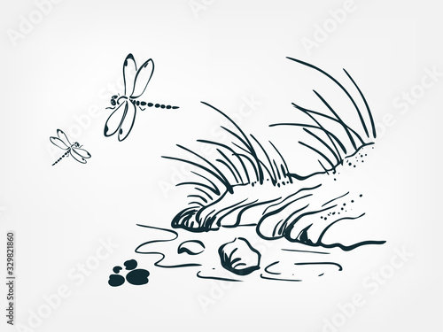 coast river set collection japanese chinese oriental vector ink style design elements illustration