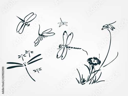 set collection japanese chinese oriental vector ink style design elements illustration