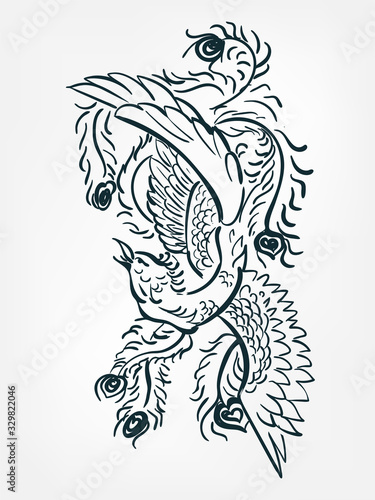 phoenix japanese chinese oriental vector ink style design elements illustration