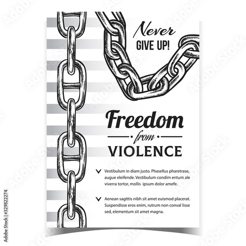 Freedom From Violence Advertise Banner Vector. Steel Chain Protective Accessory, Freedom From Violence Poster. Linked Metallic Rings Elements Concept Template Monochrome Illustration