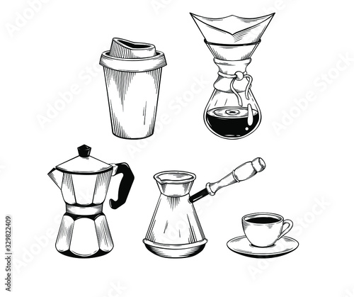 coffee set. Grinder, filter with glass for, method pour over, drip coffee, mocha pot, paper cup, turk, and coffee beans, ink style, graphic or sketch  style hand-drawn vector illustration.