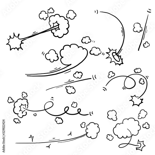 hand drawn smoke trail and motion trace illustration with doodle style vector isolated