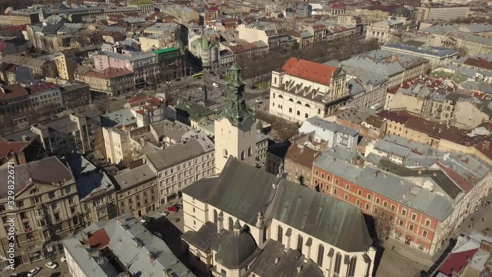 Aerial view to Basilica of the Assumption Virgin Mary in touristic center of Lviv city, Ukraine Aerial view to Basilica of the Assumption Virgin Mary in touristic center of Lviv city, Ukraine