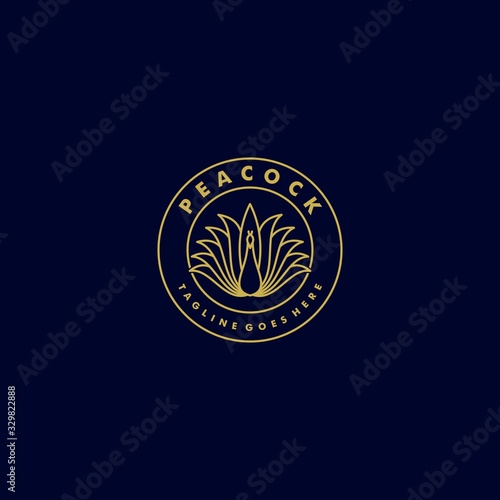 Vector Logo Illustration Peacock Line Art Vintage Badge Style.