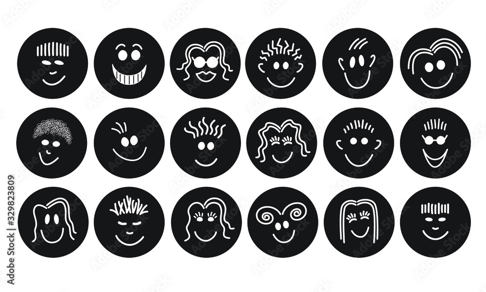 Faces, white lines on black circle backgrounds, set Faces, white lines on black circle backgrounds, set