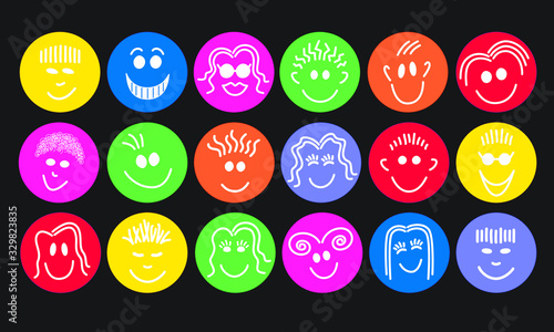 Faces, white lines on color circle backgrounds, set 