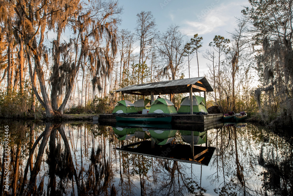 Tents set up on a platform in the Okefenokee swamp of Georgia for canoe camping.