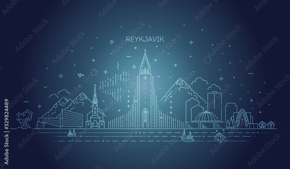 Reykjavik Iceland line skyline with panorama in white background Reykjavik Iceland line skyline with panorama in white background