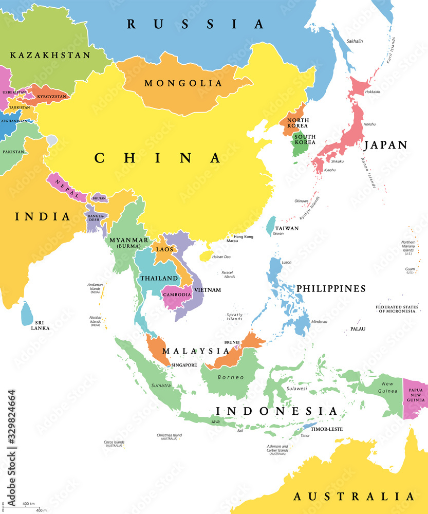 East Asia, single states, political map. All countries in different colors, with national borders, labeled with English country names. Eastern subregion of the Asian continent. Illustration. Vector.