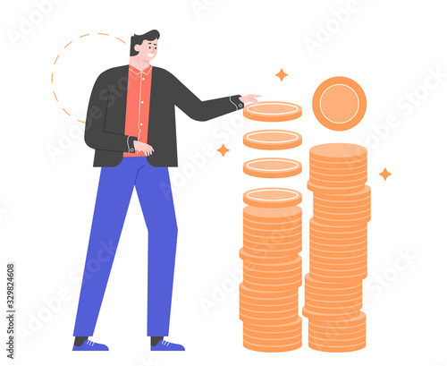 Male character in a business suit next to a stack of gold coins. Accumulation and saving money. Banking and finance. Vector flat illustration.