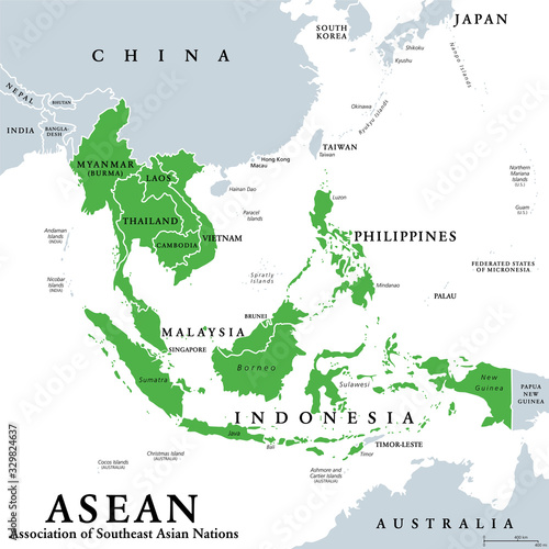 ASEAN member states, political map. Association of Southeast Asian Nations, a regional intergovernmental organization with 10 member countries, shown in the map in green color. Illustration. Vector.