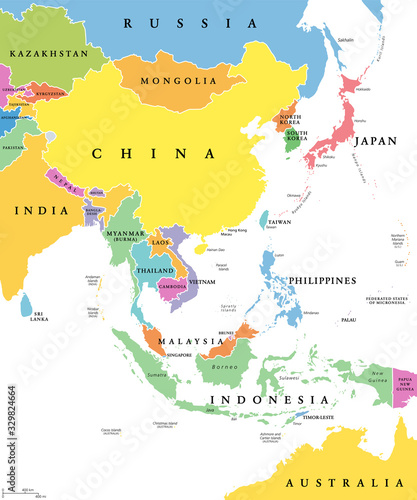East Asia, single states, political map. All countries in different colors, with national borders, labeled with English country names. Eastern subregion of the Asian continent. Illustration. Vector.