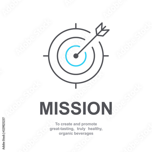 Mission sign icon of business company management with simple text isolated on white background. Web page or presentation item template. Abstract aim concept with arrow in a circle. Goal symbol. Vector