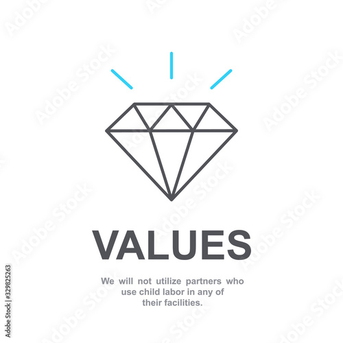 Core values of company icon with simple text. Web page for employee template design vector element. Modern flat design.Abstract flat icon. Shine diamond as business concept of company principles EPS10