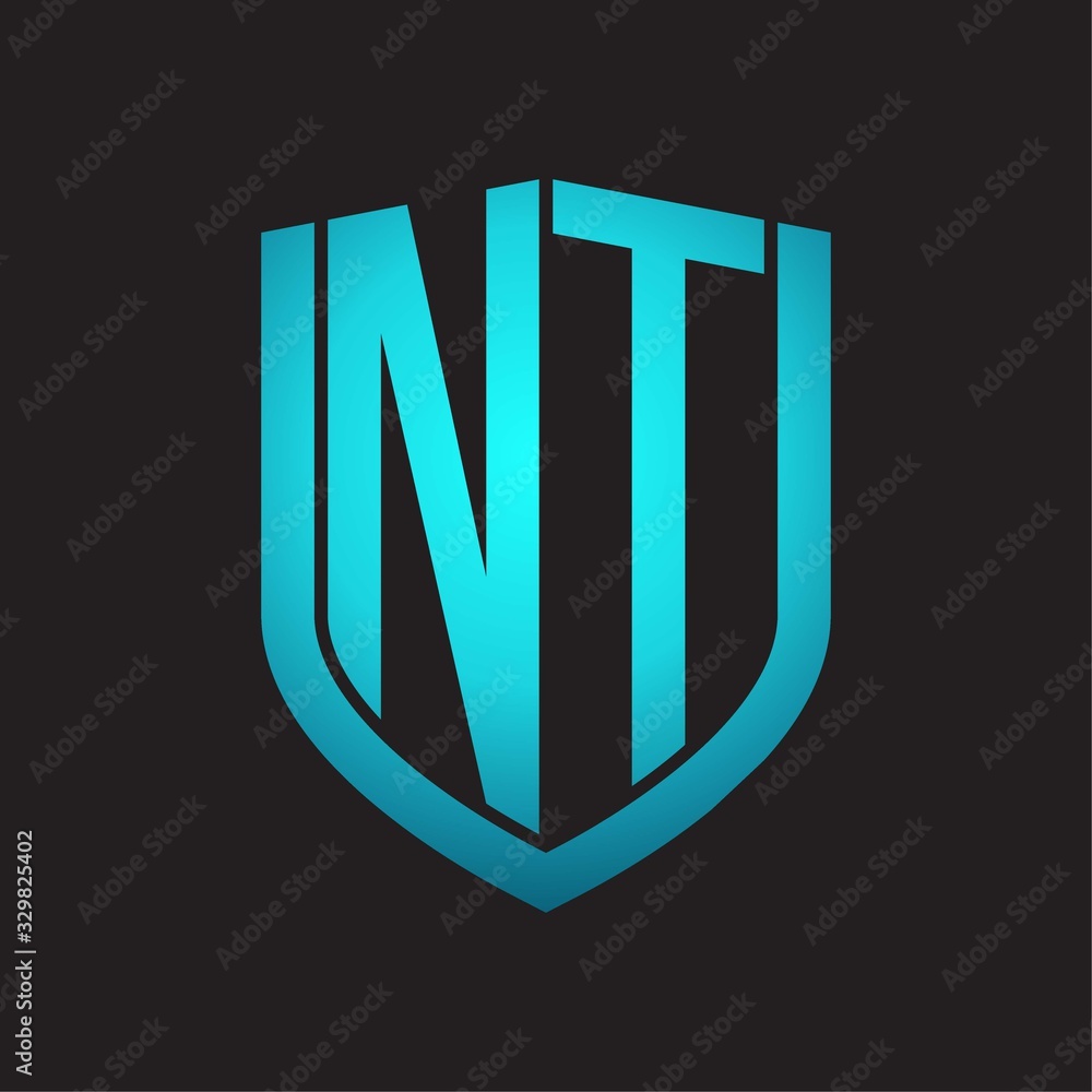NT Logo monogram with emblem shield design isolated with blue colors on black background NT Logo monogram with emblem shield design isolated with blue colors on black background