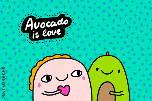 Avocado is love hand drawn vector illustration in cartoon comic style man hugs holding heart symbol
