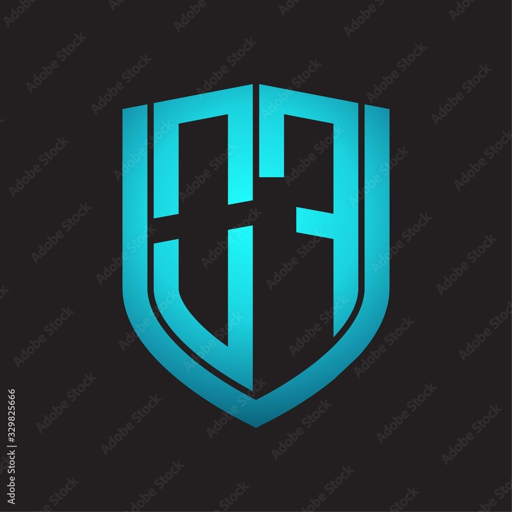OF Logo monogram with emblem shield design isolated with blue colors on black background OF Logo monogram with emblem shield design isolated with blue colors on black background