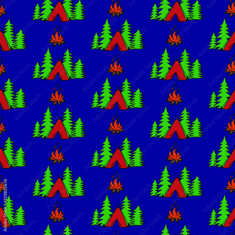 Obraz premium Hiking and Camping Seamless Pattern in Line Style. Outdoor Camp Adventure Theme. Vector illustration. Background. Hiking Print