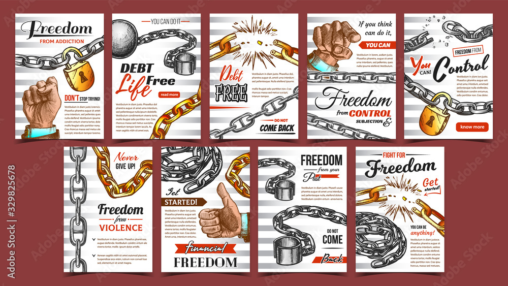 Freedom Control Advertising Posters Set Vector. Heavy Metallic Chain With Ball And Padlock And Man Gestures Freedom Symbols. Collection Of Banners Template Hand Drawn In Vintage Style Illustrations